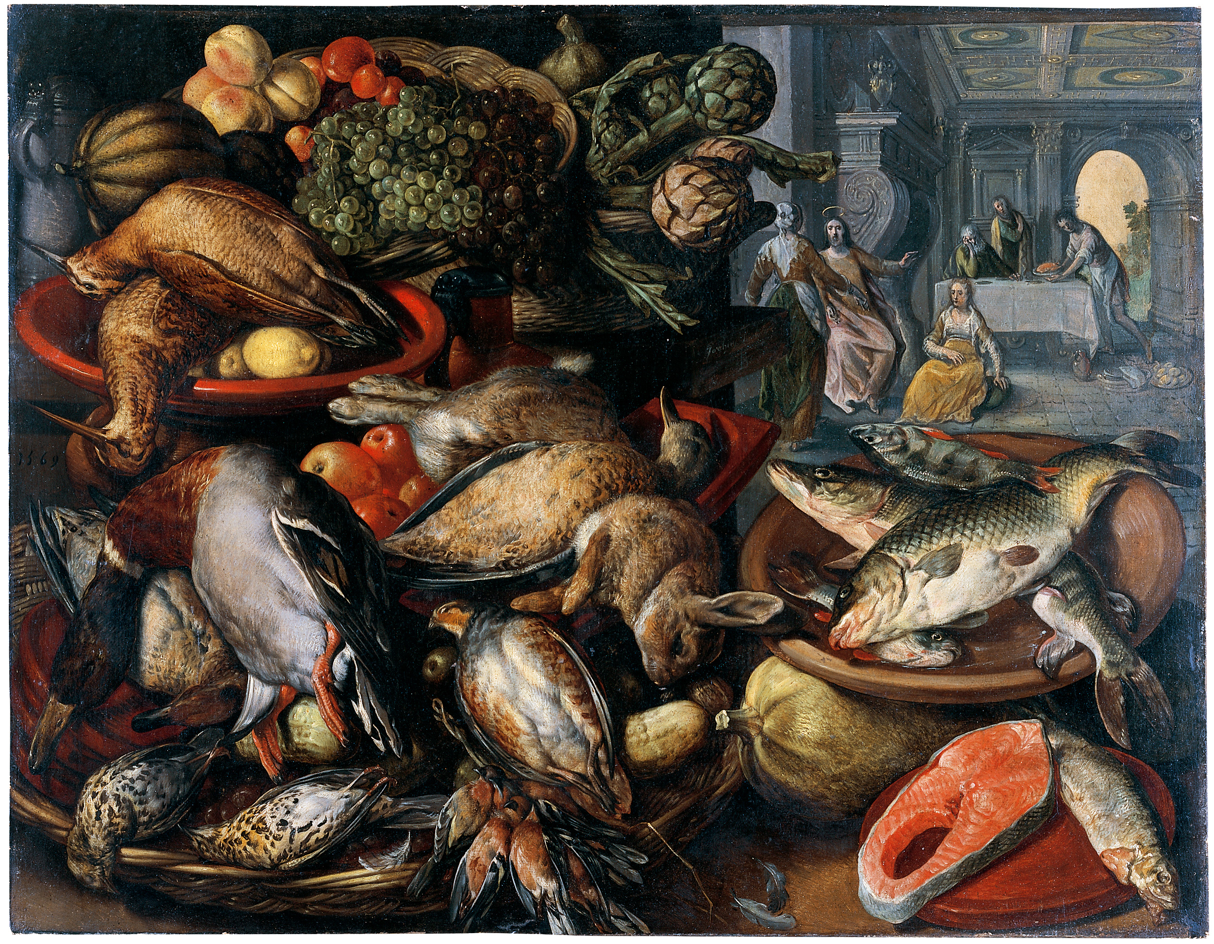 Üppiges Stillleben im Stil von Joachim Beuckelaer (1569) mit kunstvoll arrangierten Fischen, Vögeln und Früchten auf verzierten Tellern und in geflochtenen Körben. Im Hintergrund ist die biblische Szene 'Christus im Hause von Martha und Maria' zu sehen, eingebettet in klassische Architekturelemente und ein prächtiges Bankett. Das Werk verbindet religiöse Thematik mit detailreicher Darstellung von Marktprodukten, typisch für die flämische Renaissance-Malerei.