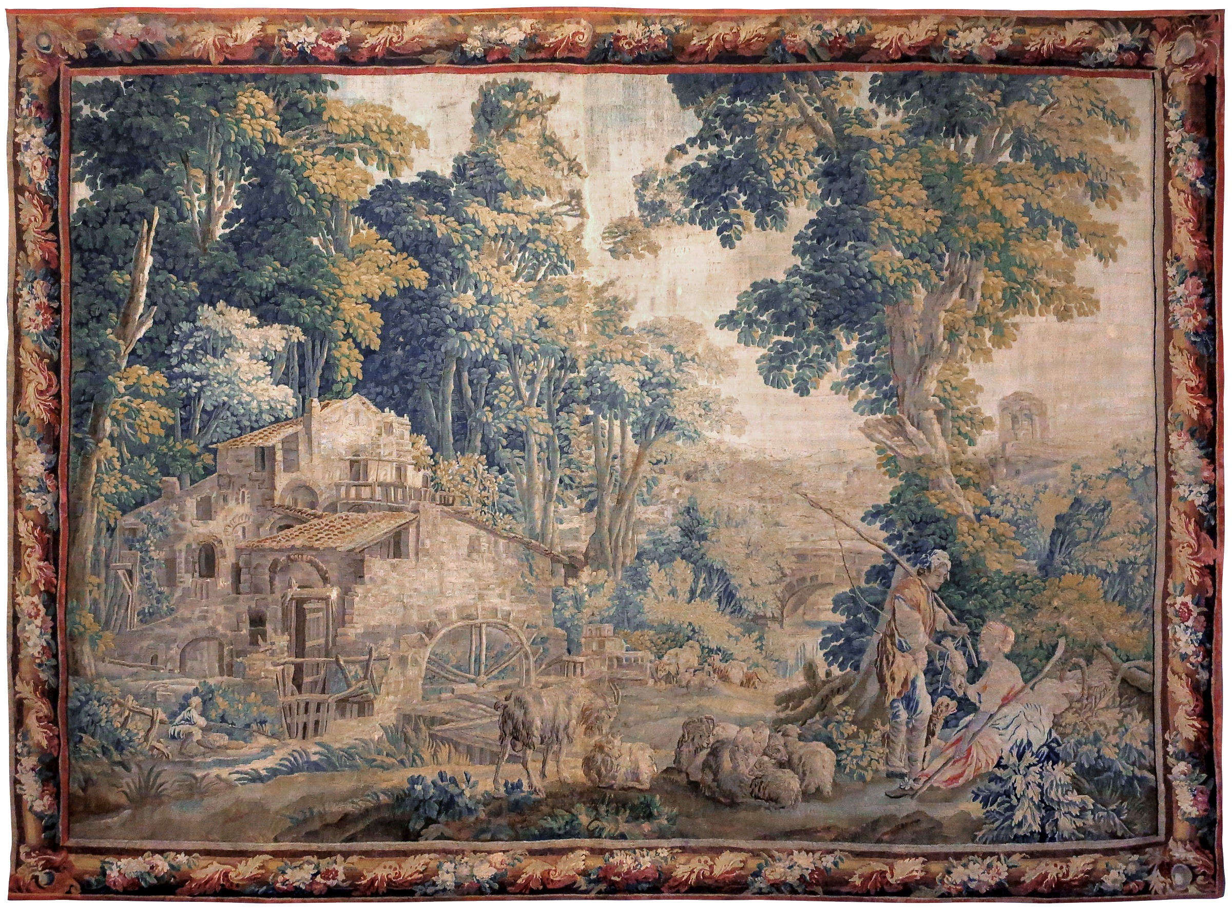 Historischer Wandteppich 'Die Wassermühle von Charenthon', Aubusson ca. 1765, Jacques Nicolas Julliard zugeschrieben. Gewebtes Meisterwerk (273 x 358 cm) aus Wolle und Seide zeigt idyllische ländliche Szene mit Wassermühle und Figuren in Kleidung des 18. Jahrhunderts.