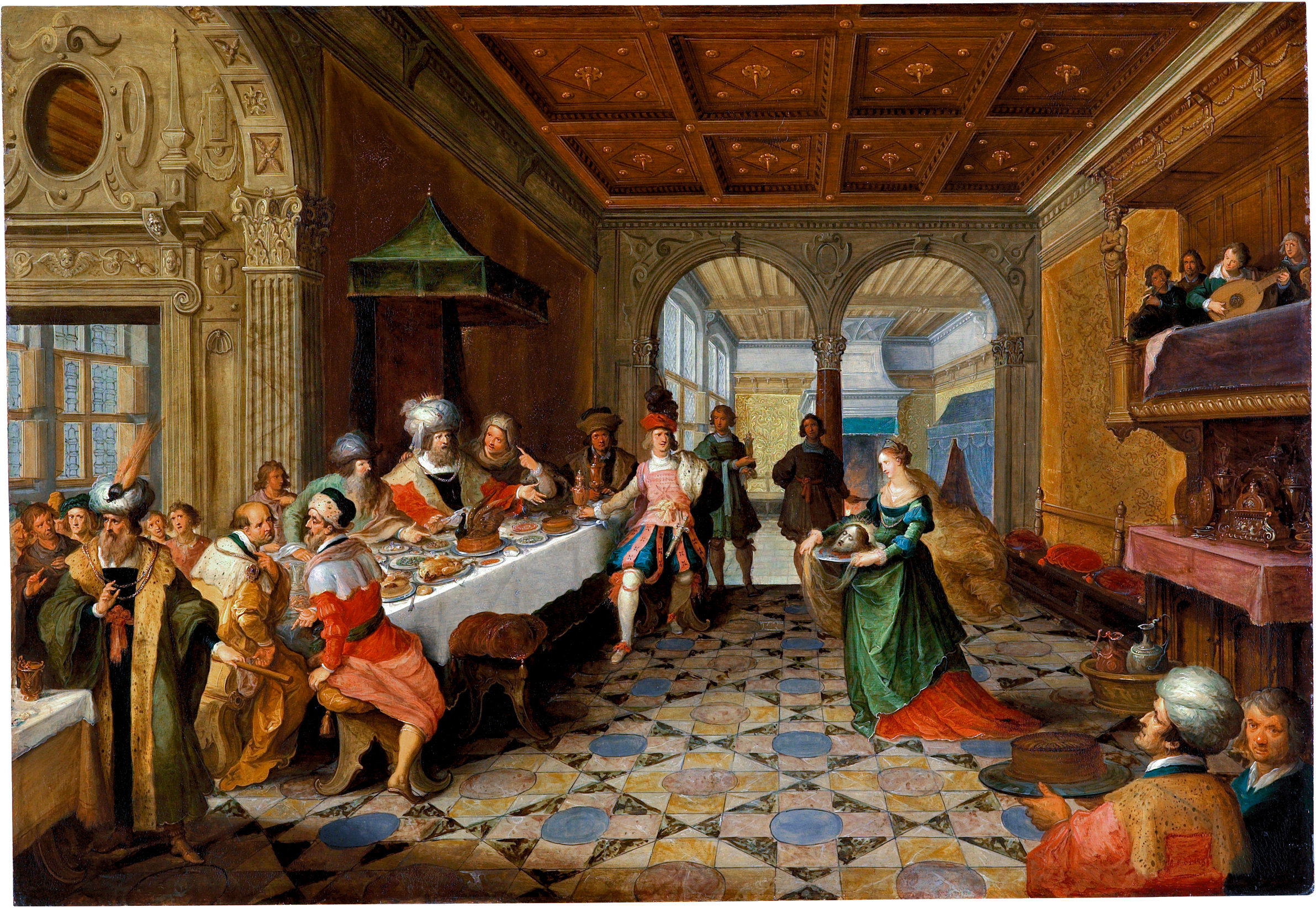 Opulentes Bankett in prächtiger Renaissancehalle mit hohen Säulen und Bogenarchitektur. Im Mittelpunkt tanzt Salome vor König Herodes und vornehmen Gästen an reich gedeckter Tafel. Bedienstete servieren Speisen, während Musiker an lichtdurchfluteten Fenstern spielen. Das Gemälde 'Salome vor Herodes' (ca. 1610-1615) zeigt den flämischen Barockstil von Frans Francken II. mit architektonischer Perspektive von Paul Vredeman de Vries.