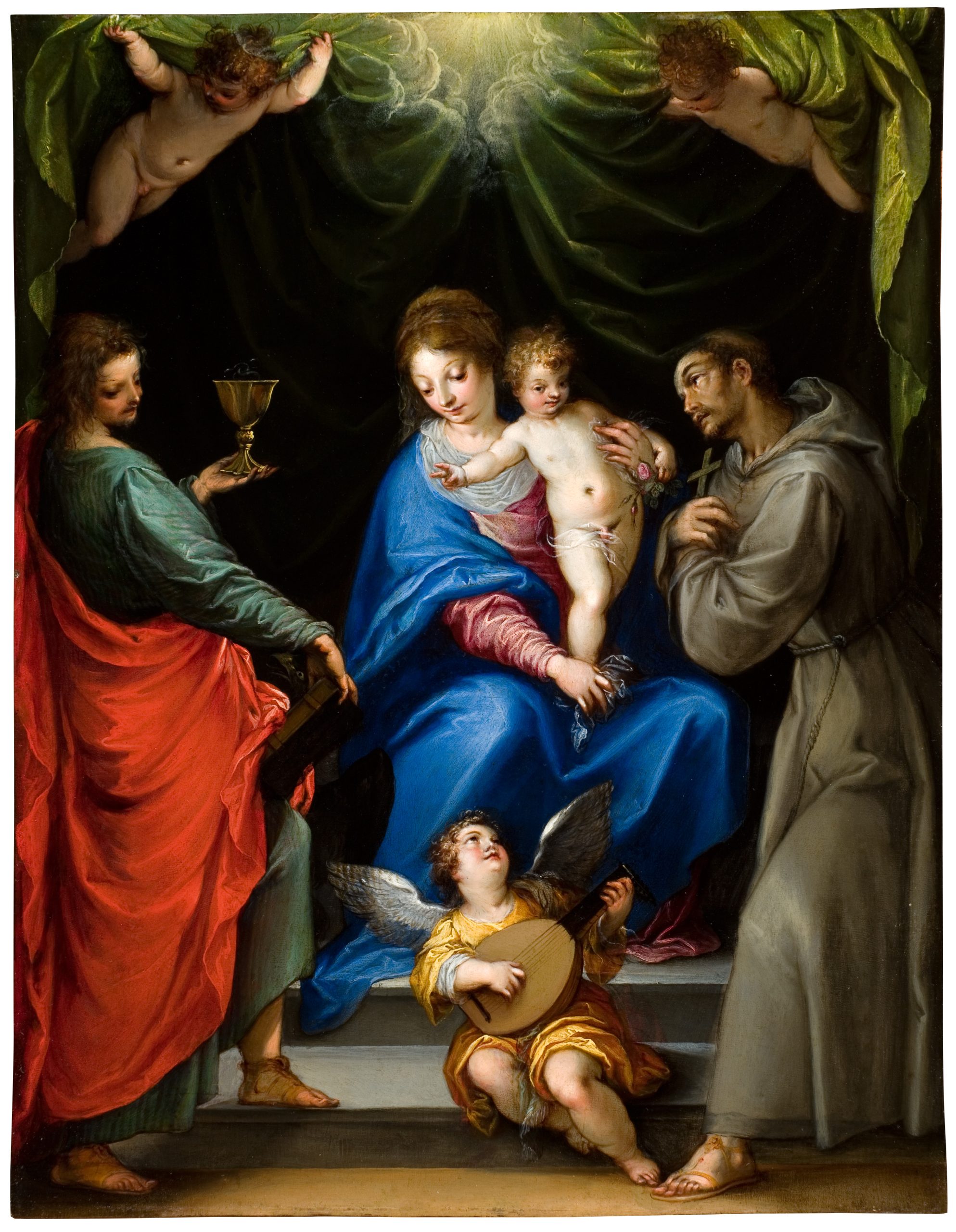 Hans Rottenhammer d.Ä.: 'Madonna mit Heiligen' (1595) – Die thronende Jungfrau Maria mit Jesuskind, umgeben von zwei Heiligen, während ein Engel im himmlischen Licht unter grünen Vorhängen Laute spielt. Ölgemälde auf Kupfer, 27,5 cm.