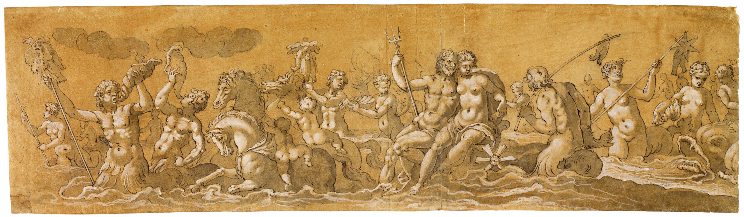 Hans Rottenhammer, 'Neptun und Amphitrite' (ca. 1615): Sepiazeichnung mit Bleiweiß- und Silberstiftakzenten auf Papier (15 × 106 cm). Klassische Darstellung des Meeresgottes und seiner Gemahlin, umgeben von mythologischen Begleitern auf Meereswellen, in filigraner Tuscharbeit.