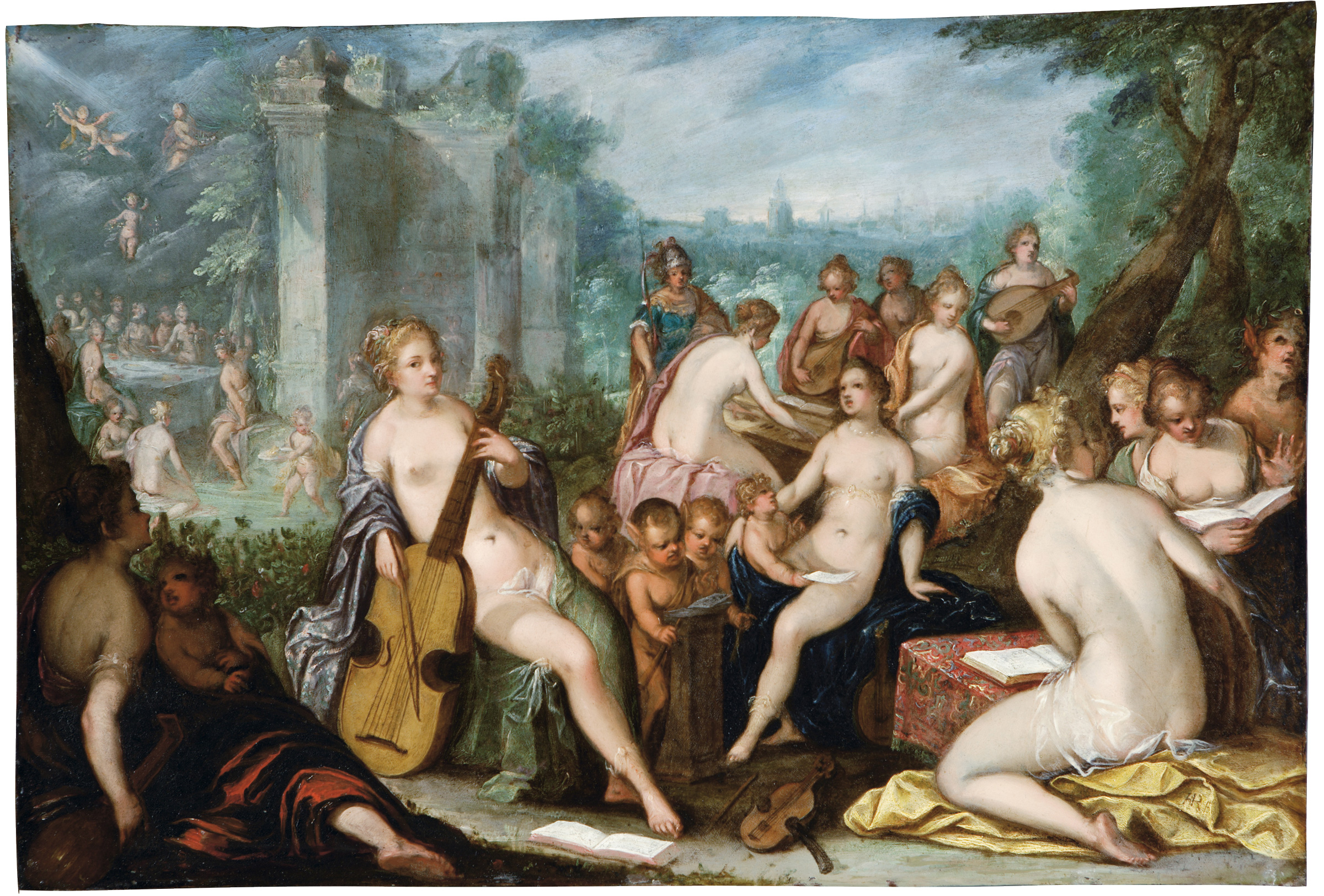 Hans Rottenhammer d.Ä.: 'Minerva und die Musen auf dem Helikon' (ca. 1600). Mythologische Ölmalerei auf Kupfer. Die römische Göttin Minerva thront inmitten der neun Musen in einer idyllischen Landschaft mit antiken Ruinen. Die Figuren sind in klassischer Nacktheit dargestellt, einige musizieren auf Instrumenten, andere baden zwischen Bäumen. Das Werk zeigt Rottenhammers charakteristische Verbindung von detailreicher Malerei, leuchtenden Farben und mythologischen Themen im Stil des Spätmanierismus.